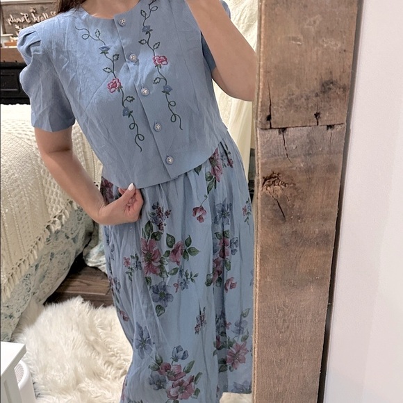 Vintage Miss Dorby Floral Blue Dress with Embroidered Details size XLarge - Picture 6 of 8
